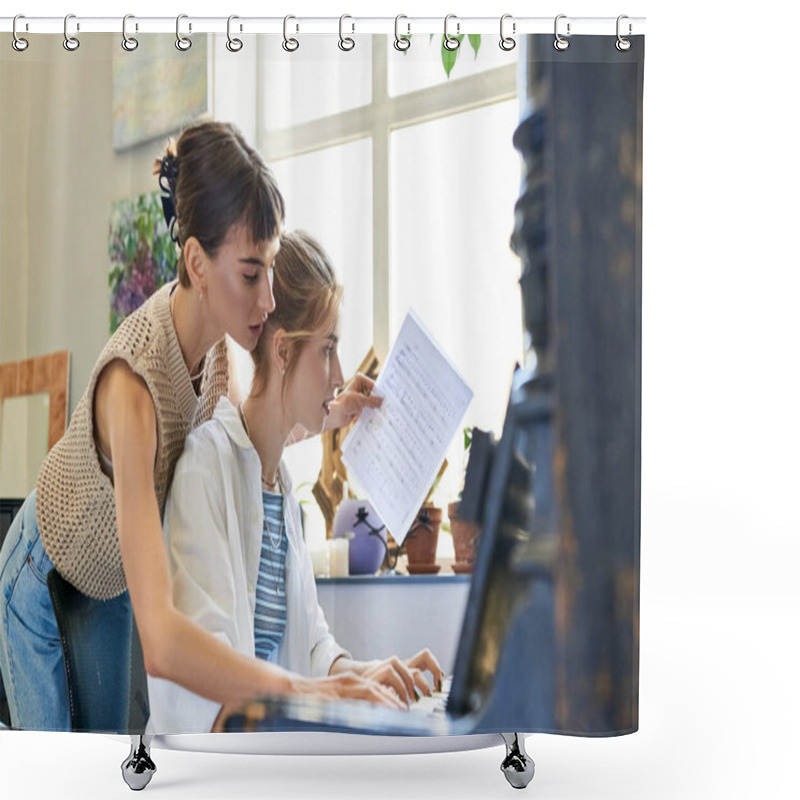 Personality  Two Women At A Piano, Immersed In Sheet Music. Shower Curtains