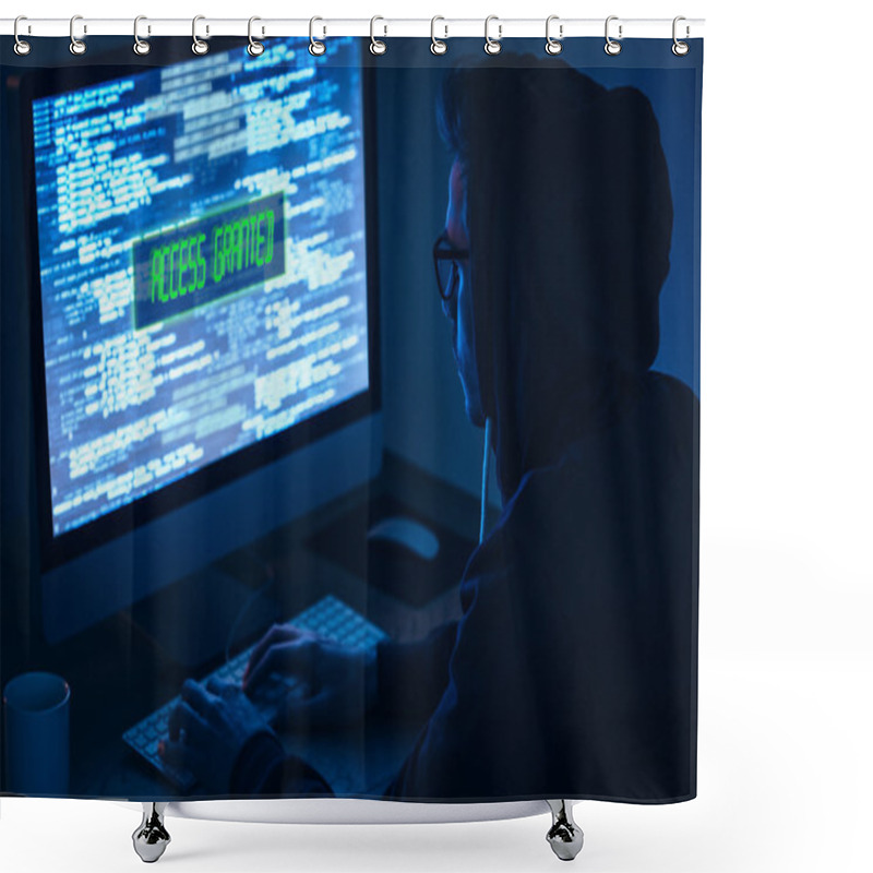 Personality  Man At Computer In Dark Room Shower Curtains