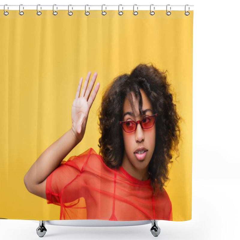 Personality  Trendy African American Woman In Red Top And Sunglasses Waving Hand Isolated On Yellow Shower Curtains