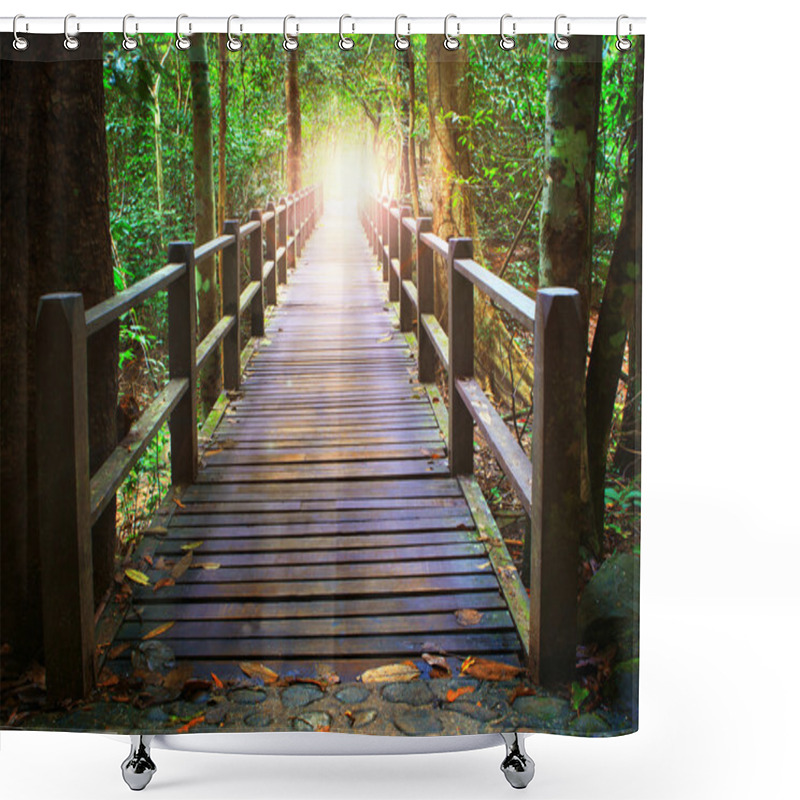 Personality  Perspective Of Wood Bridge In Deep Forest Crossing Water Stream Shower Curtains