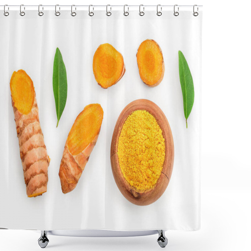 Personality  Turmeric Powder And Turmeric Root Isolated On White Background With Copy Space For Your Text. Top View. Flat Lay Shower Curtains