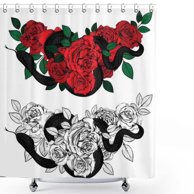 Personality  Vintage Roses And Snakes. Set Of Gothic Tattoos. Collection Of Graphic And Color Isolated Vector Illustrations. Shower Curtains