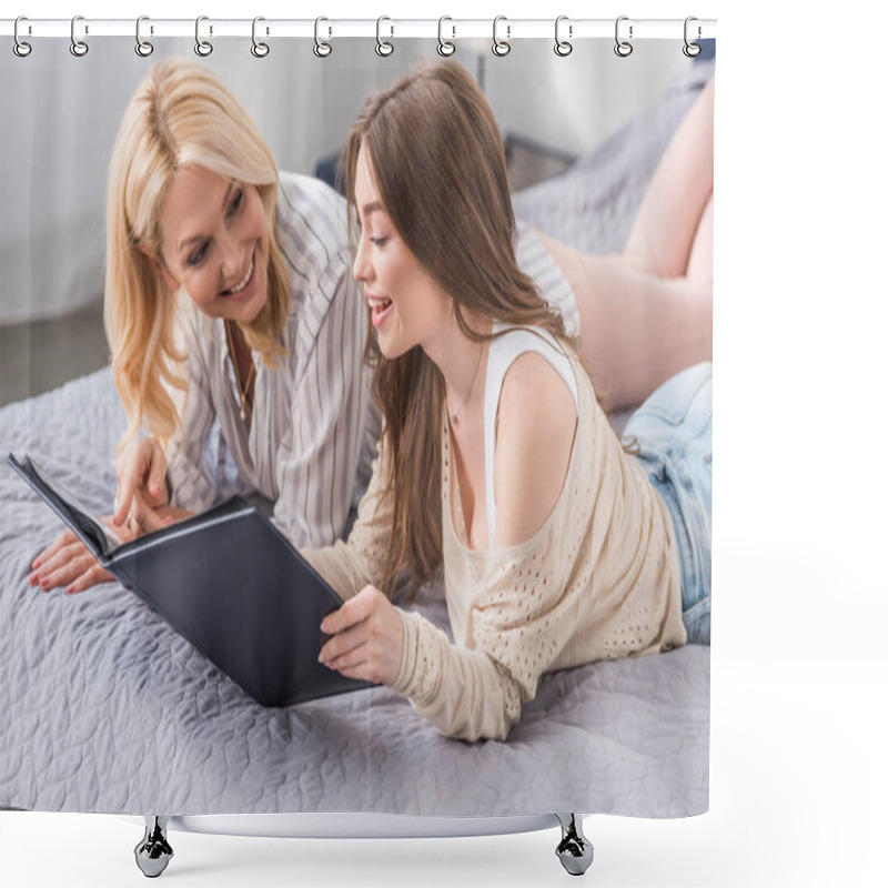 Personality  Cheerful Mother And Daughter Lying On Bed And Looking At Photo Album Shower Curtains