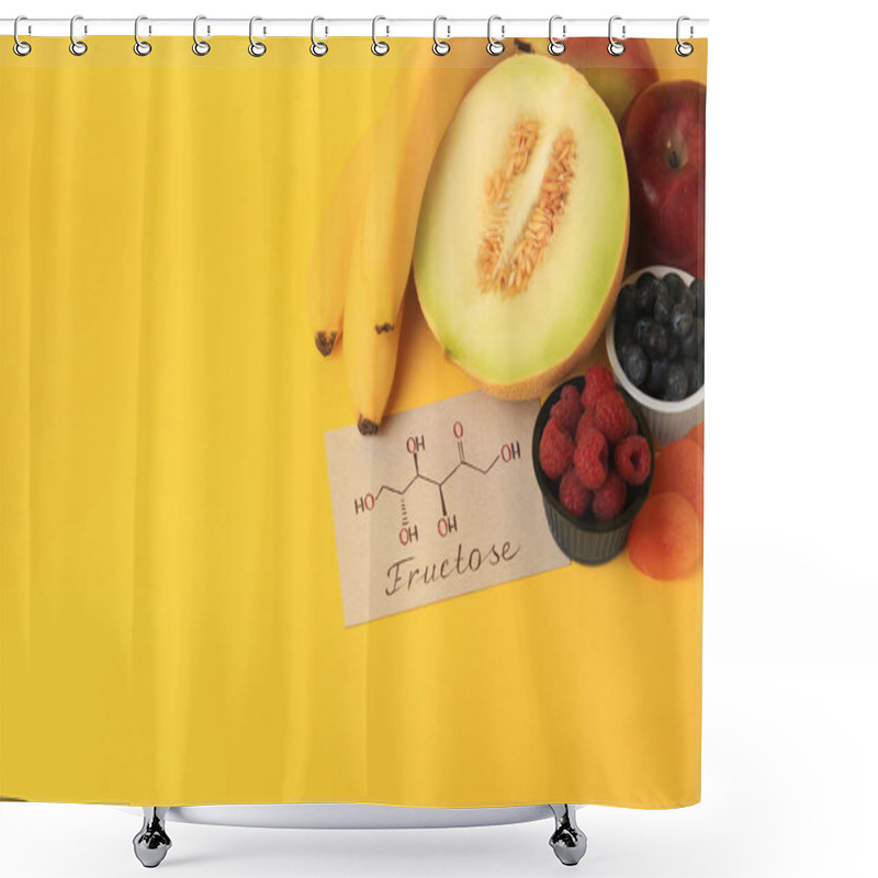 Personality  Card With Fructose Chemical Structure, Delicious Fruits And Berries On Yellow Background, Above View. Space For Text Shower Curtains