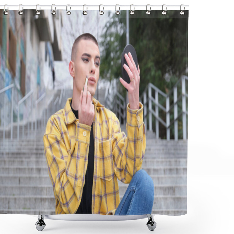 Personality  Portrait Of A Handsome Young Man, Applying Lipstick In Front Of The Mirror, Wearing Black Eyeshadow, Holding A Makeup Brush. Non Binary Androgynous Guy. Shower Curtains