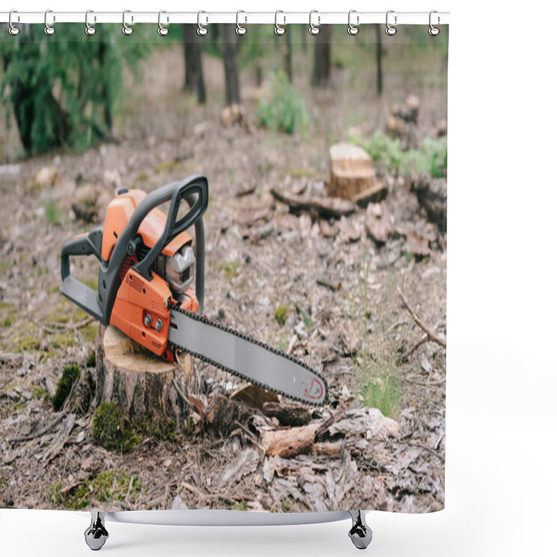 Personality  Electric, Sharp Orange Chainsaw On Wood Stump In Forest Shower Curtains