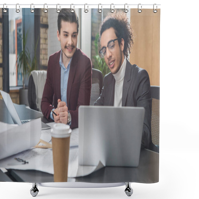 Personality  Handsome Young Architects Working With Laptop Together At Office Shower Curtains