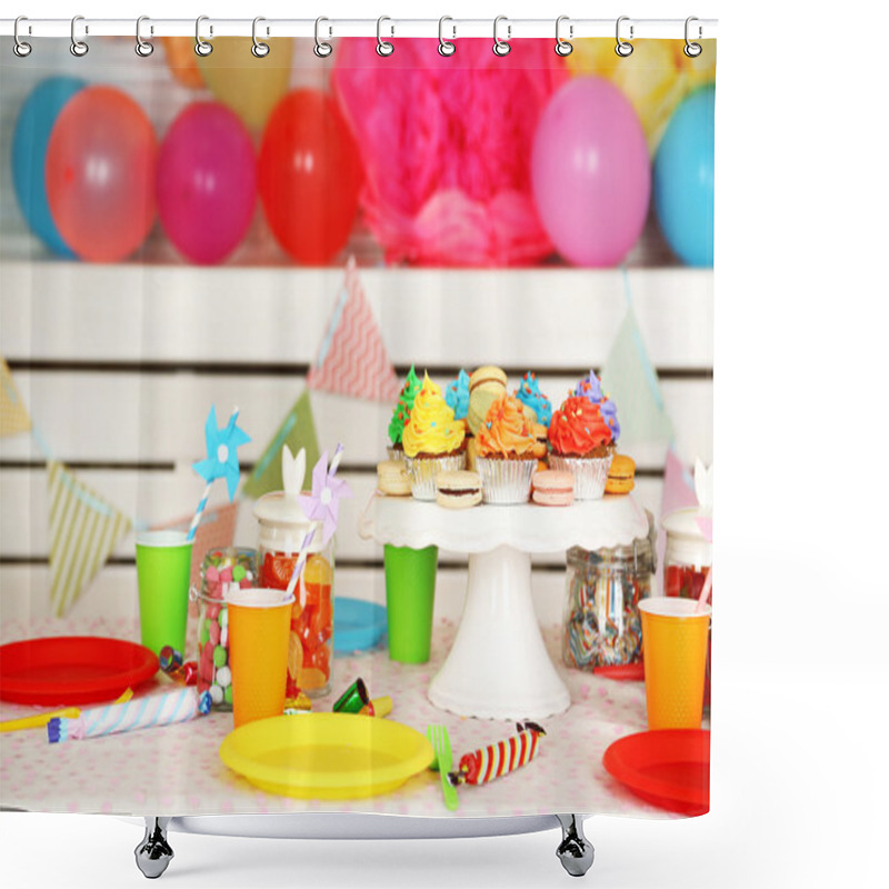 Personality  Prepared Birthday Table With Sweets For Children Party Shower Curtains