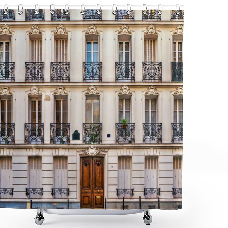 Personality  Street View Of The Elegant Facade Of An Old Apartment Building In A Residential Neighborhood Of Paris. Vintage Style Photo. Shower Curtains