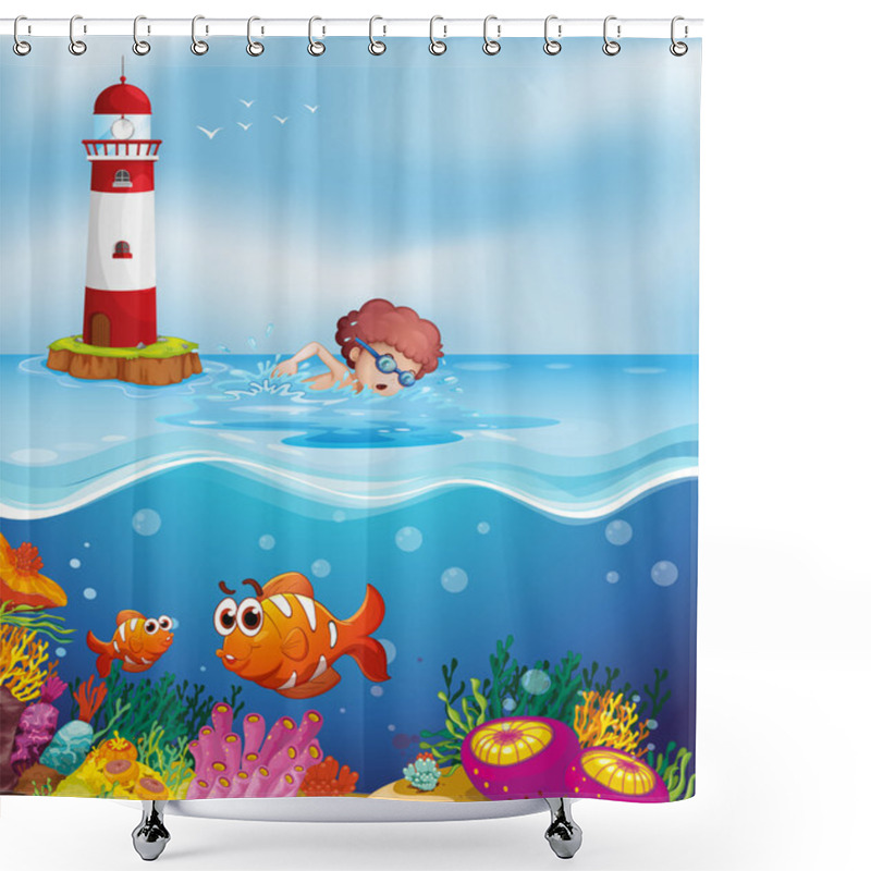 Personality  A Boy Swimming With Fishes And Corals At The Beach Shower Curtains