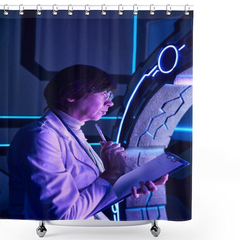 Personality  Futuristic Science, Middle Aged Woman Scientist Thinking Near Innovative Device In Discovery Center Shower Curtains