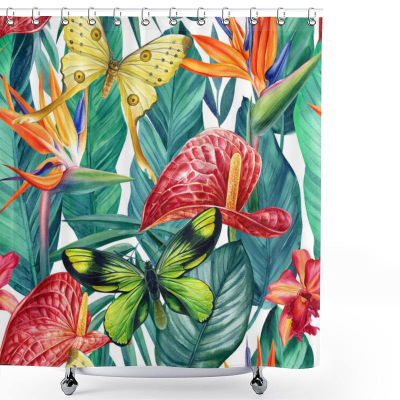 Personality  Watercolor Tropical Flowers Anthurium, Strelitzia, Palm Leaves And Butterfly. Seamless Pattern  Shower Curtains