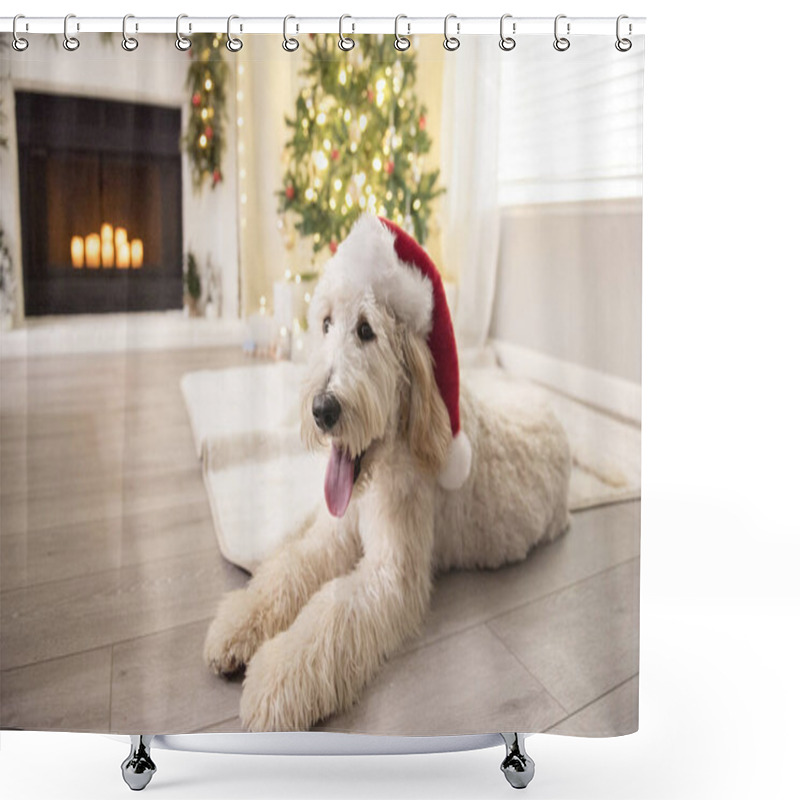 Personality  Happy Dog Wearing A Red Santa Claus Hat In Front Of Christmas Tree Shower Curtains