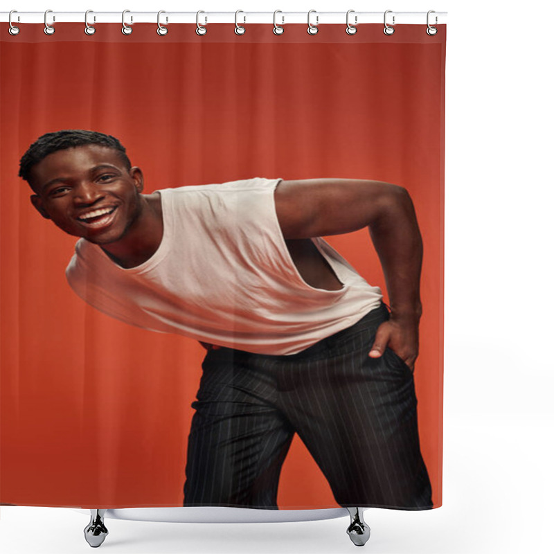 Personality  Joyful African American Man With Hand In Pocket Leaning Forward And Smiling At Camera On Red Shower Curtains