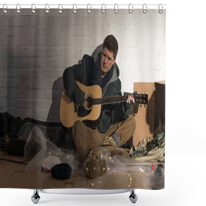 Personality  Homeless Man Sitting On Rubbish Dump And Playing Guitar  Shower Curtains