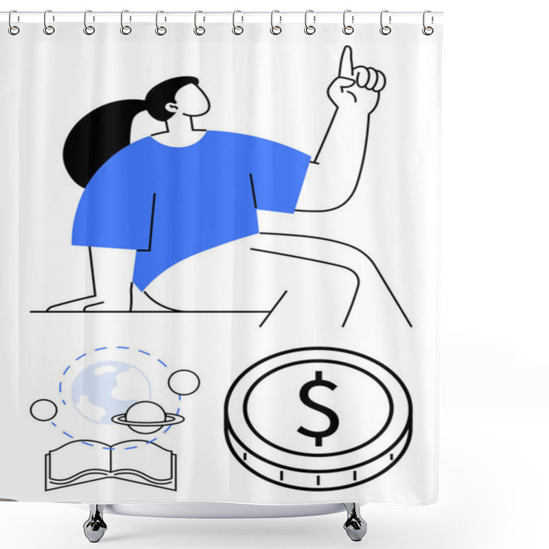 Personality  Woman Gesturing With Raised Finger, Coin With Dollar Sign, Open Book, Planet, And Orbit Lines. Ideal For Education, Finance, Innovation, Entrepreneurship Global Concepts Learning Abstract Line Shower Curtains