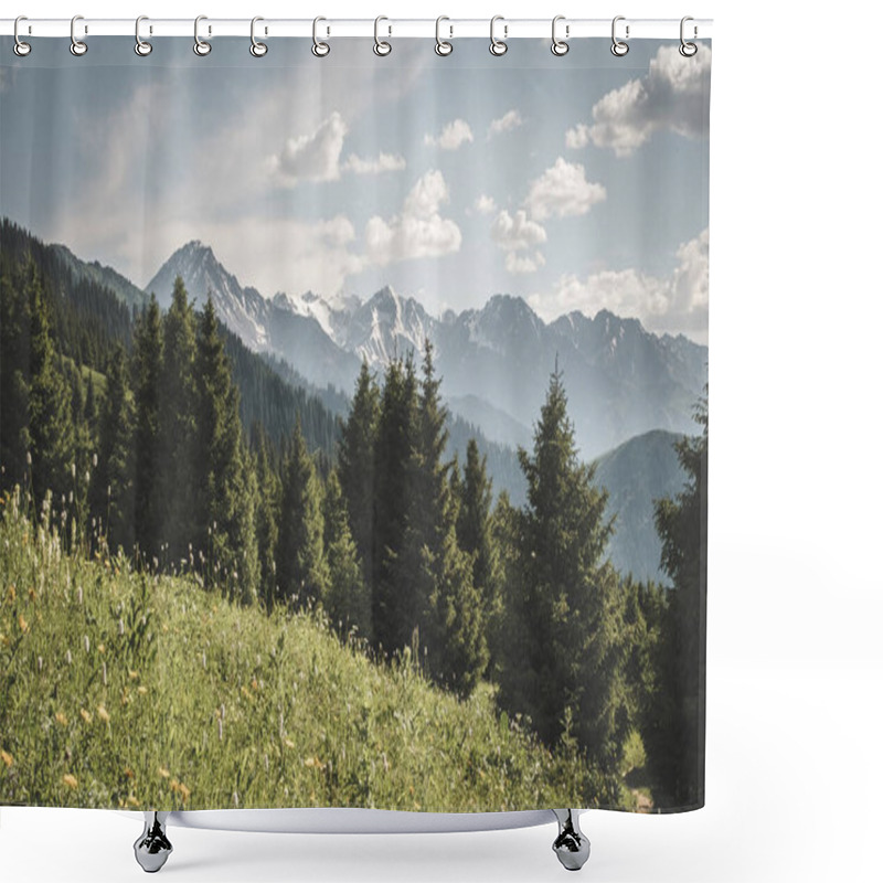 Personality  Panoramic Mountain And Forest Views And Snowy Peaks In The Mountains Of Kahastan Shower Curtains