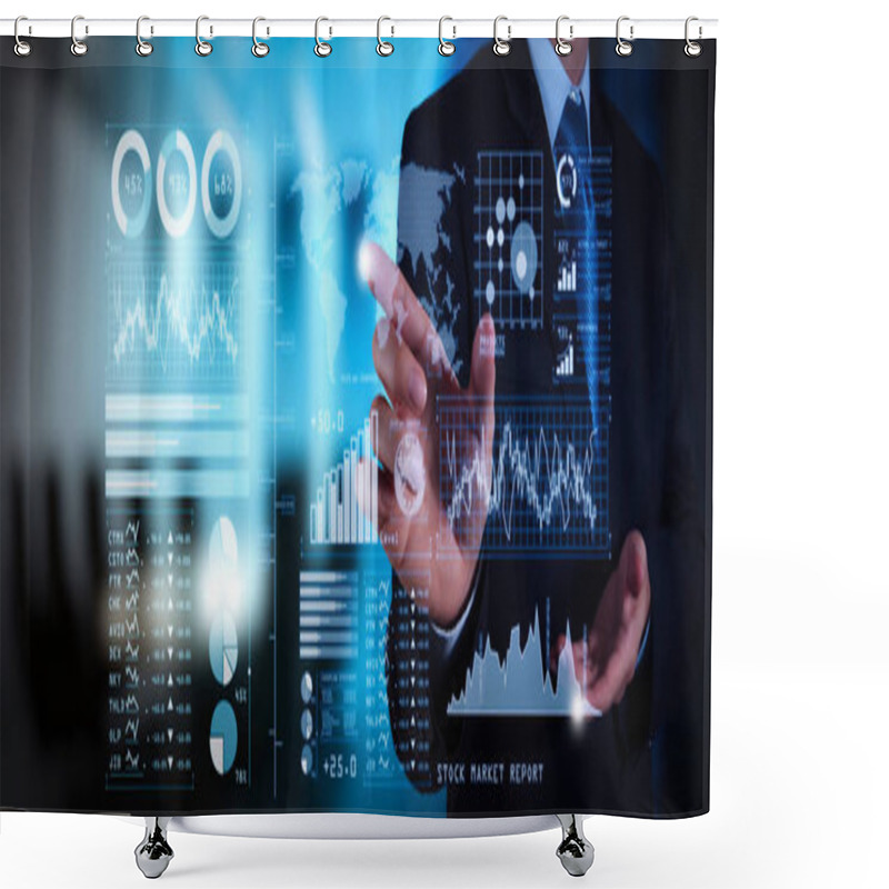 Personality  Investor Analyzing Stock Market Report And Financial Dashboard With Business Intelligence (BI), With Key Performance Indicators (KPI).businessman Hand Working With Finances Program On Wide Screen Computer. Shower Curtains