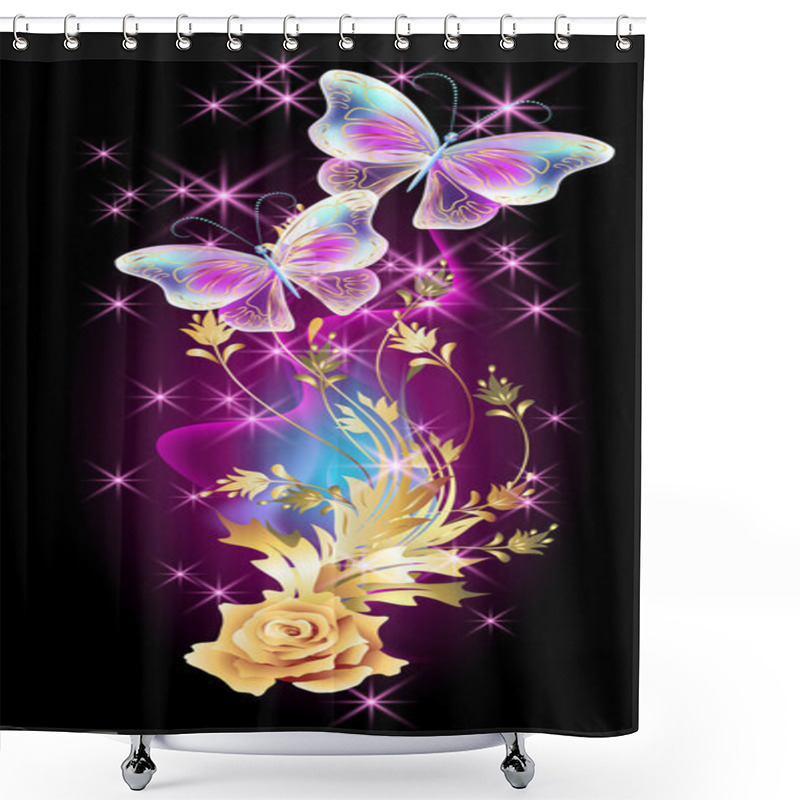 Personality  Transparent Butterflies With Golden Ornament And Glowing Firewor Shower Curtains