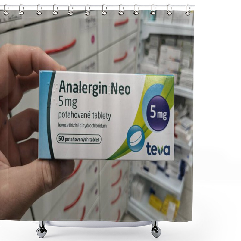 Personality  Prague, Czech Republic - July 10 2024: ANALERGIN NEO Box Of Medication With LEVOCETIRIZINE Active Substance By TEVA, Used For Treatment Of Allergic Rhinitis And Chronic Urticaria. Shower Curtains