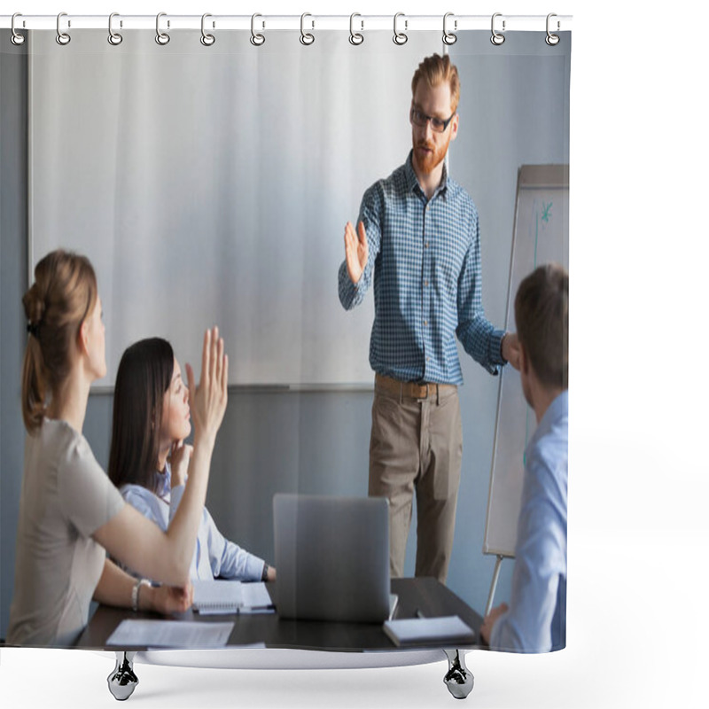 Personality  Businesswoman Raising Hand Up At Meeting Asking Team Leader Ques Shower Curtains