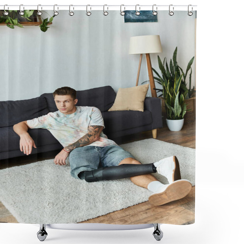 Personality  Young Man Lounges Comfortably On A Cozy Rug In A Stylish Living Room, Showcasing His Prosthetic Leg. Shower Curtains