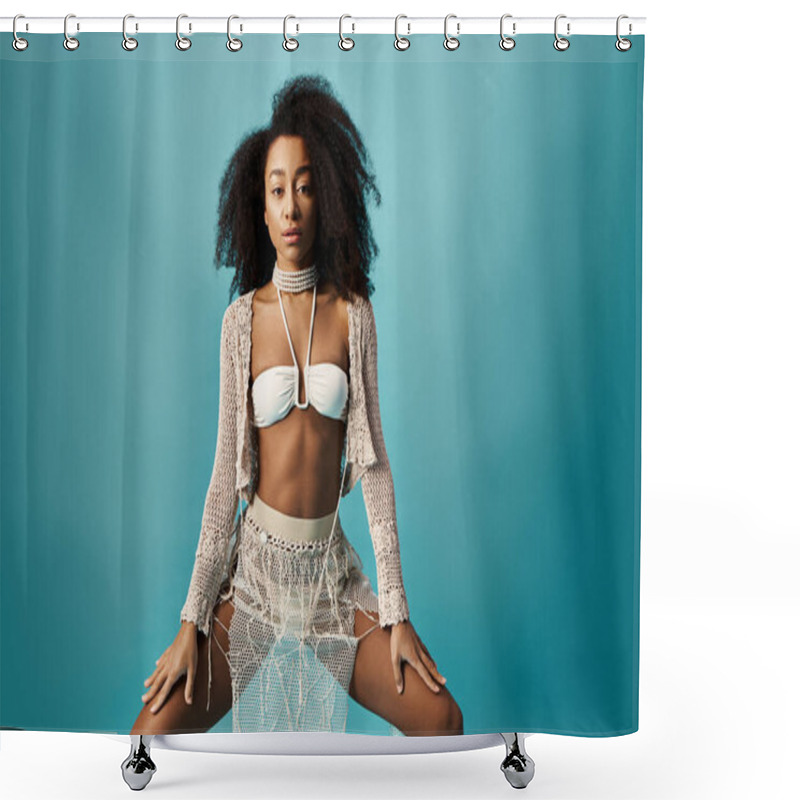 Personality  A Stylish African American Woman Poses Confidently In A White Bikini Against A Vibrant Blue Background. Shower Curtains