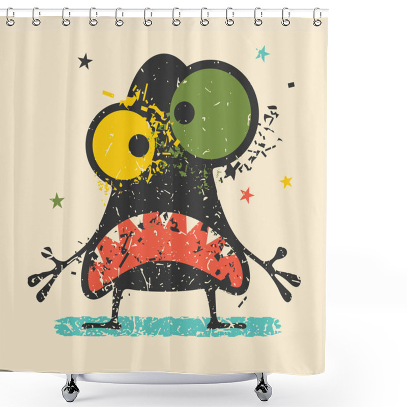 Personality  Cute Black Monster With Emotions On Retro Grunge Background.  Shower Curtains