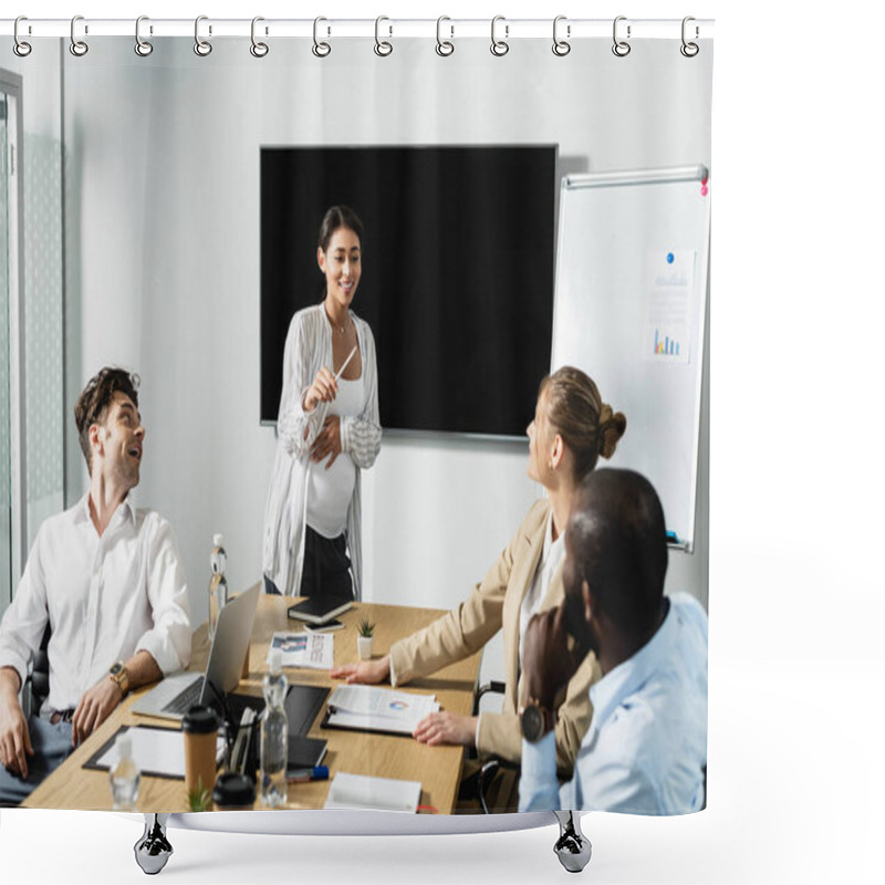 Personality  Pregnant African American Businesswoman Smiling While Talking To Multiethnic Colleagues Shower Curtains