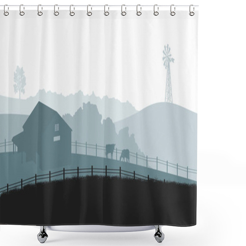 Personality  Silhouettes Of Farm Landscape. Rural Panorama Of Runch With Cow On Meadow. Village Scenery For Poster. Farmer House And Livestock Shower Curtains