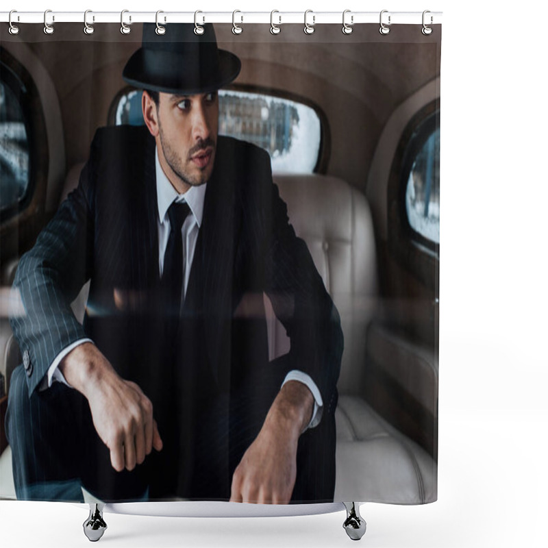 Personality  Selective Focus Of Tense Mafioso In Black Suit And Felt Hat In Retro Car Shower Curtains