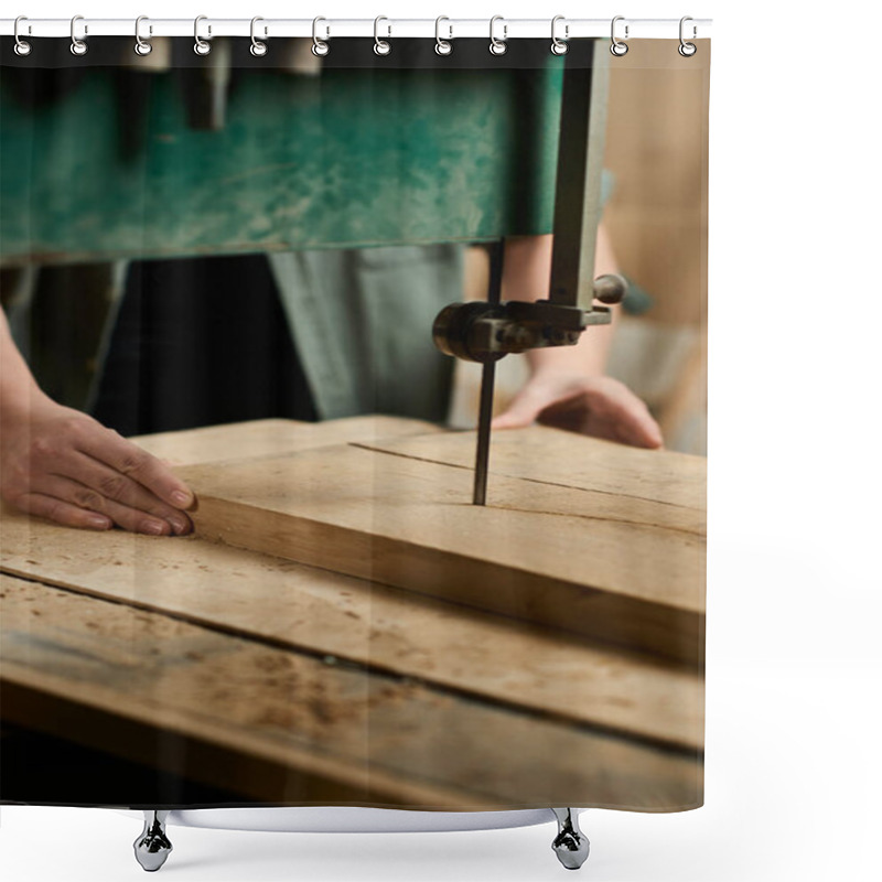 Personality  A Determined Female Carpenter Carefully Works On Shaping Wood In A Well-lit Workshop, Showcasing Her Skills. Shower Curtains