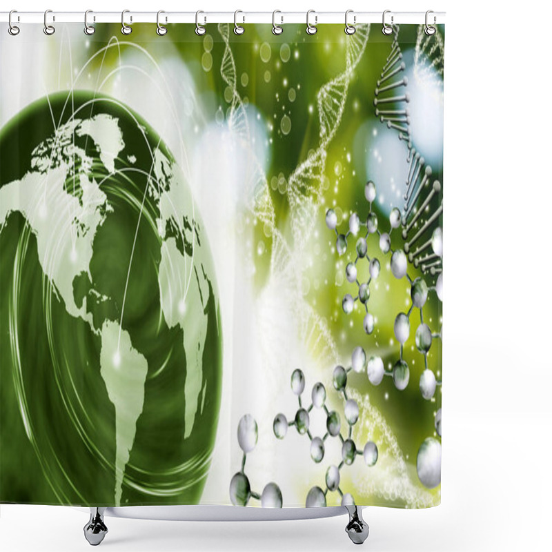 Personality  Image Of Molecular Structure Chain Of Dna And Abstract Planet On A Green Background Shower Curtains