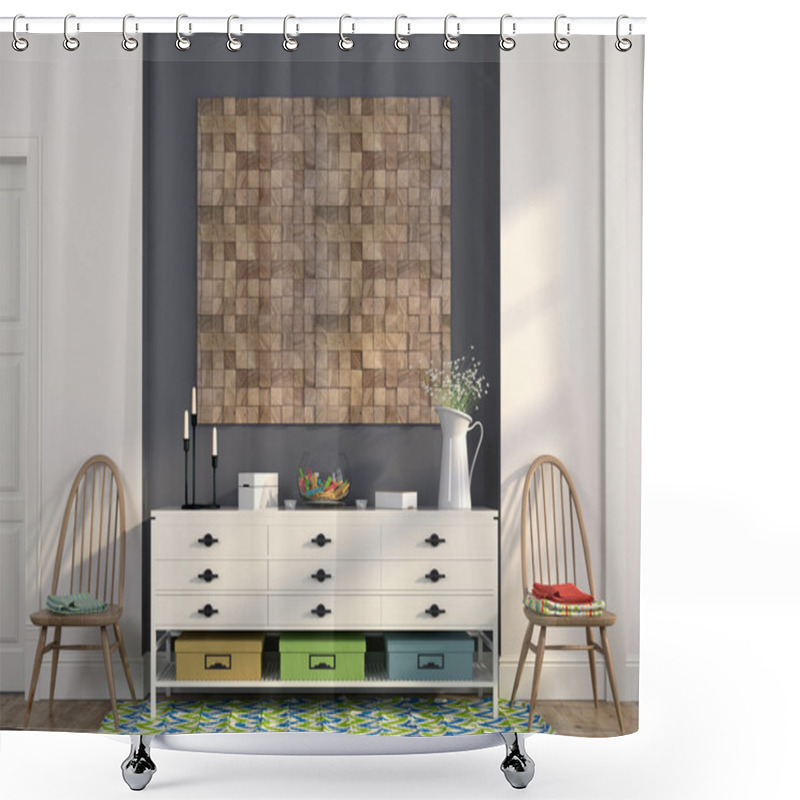 Personality  Stylish White Chest Of Drawers And Wooden Chairs Shower Curtains