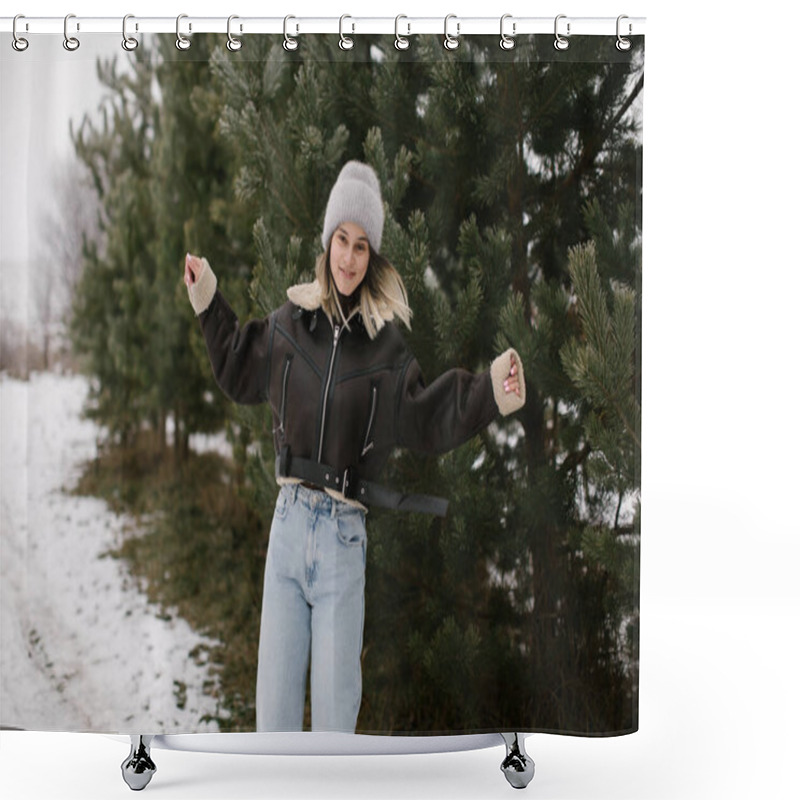 Personality  Happy Woman Is Wearing A Dark Brown Sheepskin Jacket And A Gray Beanie While Standing Near Evergreen Trees In A Snowy Landscape. Enjoying The Cold Weather As She Stretches Her A Arms Out Playfully.  Shower Curtains