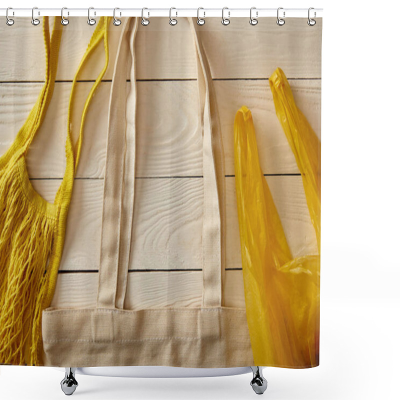 Personality  Top View Of Textile Cotton Bag, String Bag And Plastic Bag On White Wooden Surface, Zero Waste Concept Shower Curtains