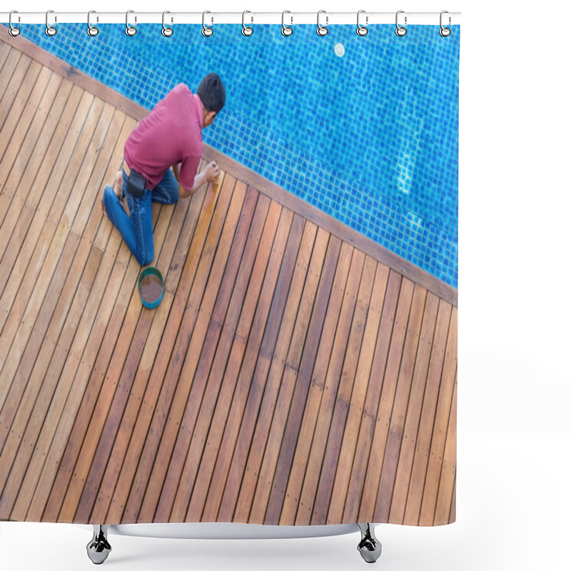 Personality  A Man Painting Exterior Wooden Pool Deck, Top View Shower Curtains