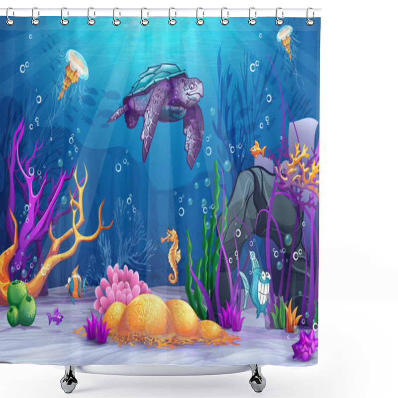 Personality  Underwater World With A Funny Fish And Turtle Shower Curtains