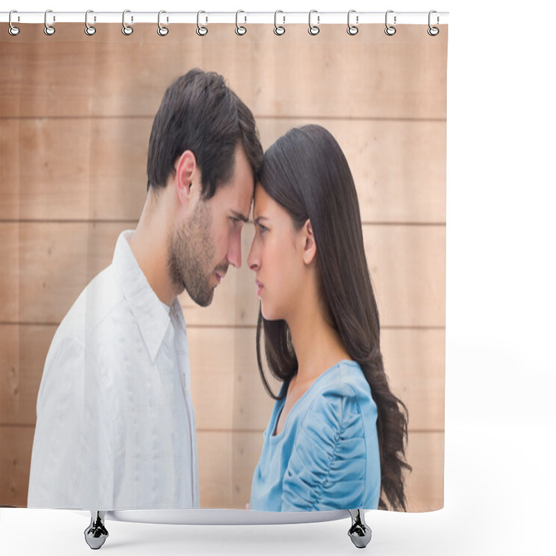 Personality  Couple Staring At Each Other Against Overhead Shower Curtains