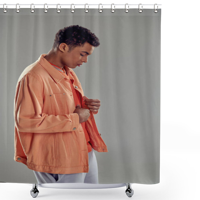 Personality  Handsome Man In Peach Shirt Standing Against Grey Wall, Showcasing His Impeccable Fashion Sense Shower Curtains