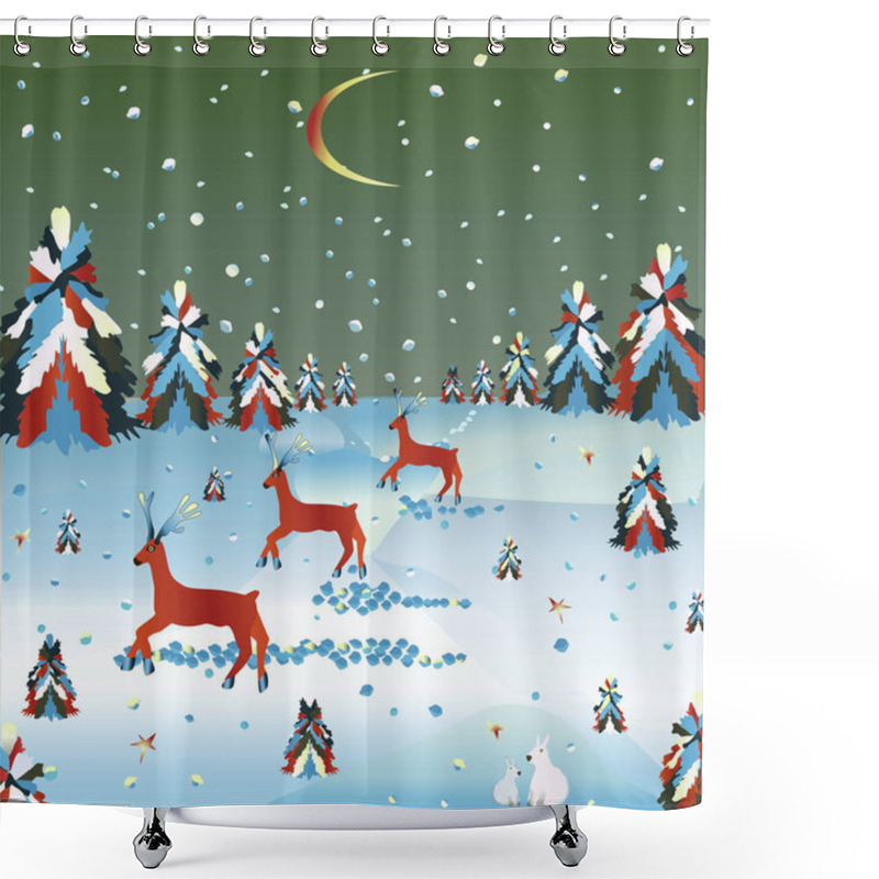 Personality  Winter Postcard. Hares And Deer, Snowfall, Christmas Trees. Shower Curtains