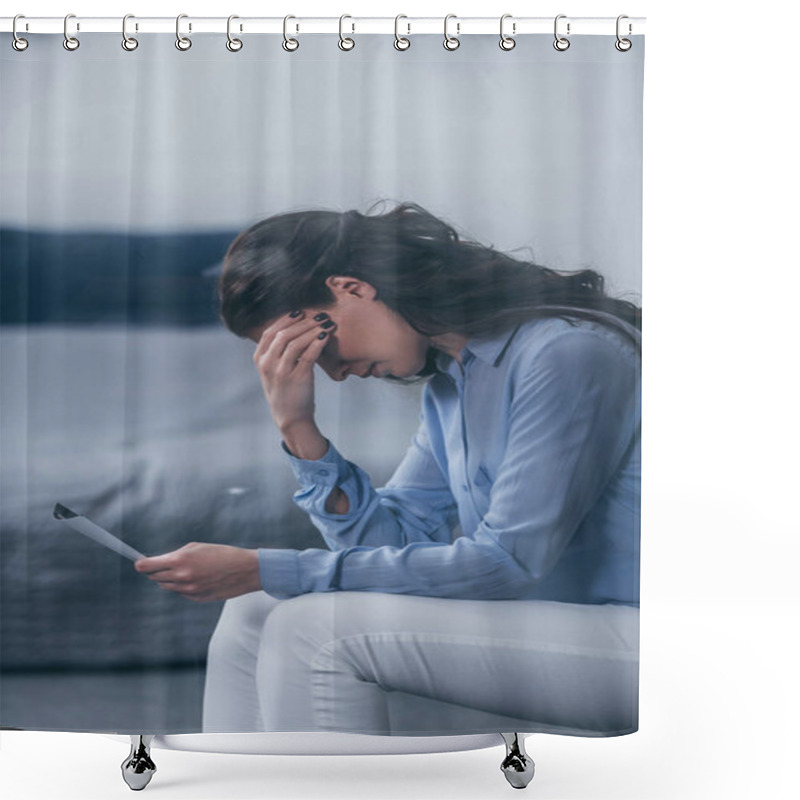 Personality  Selective Focus Of Grieving Woman Sitting, Holding Photograph And Crying At Home Shower Curtains