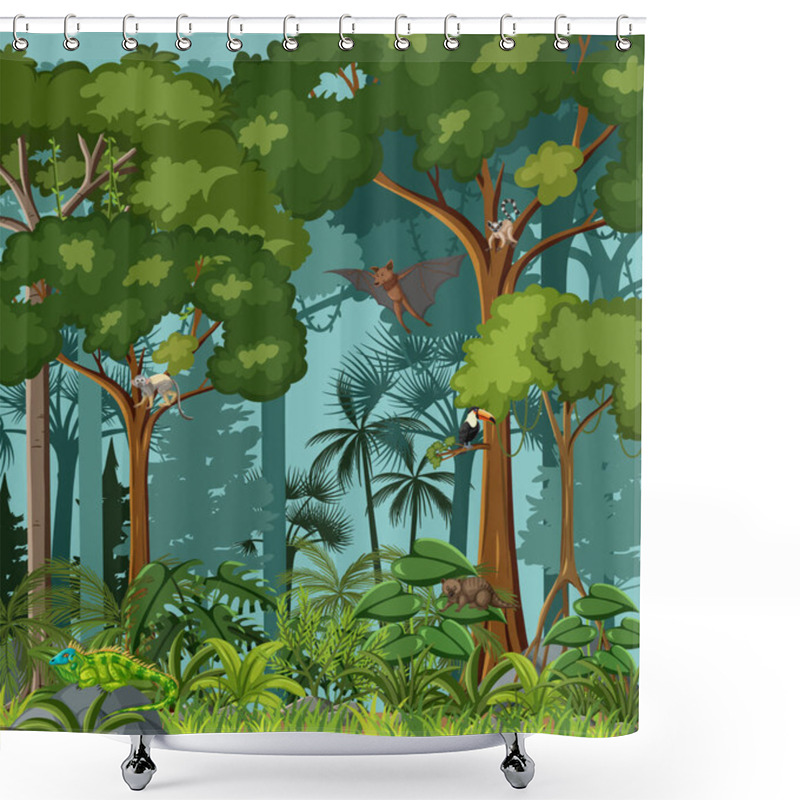 Personality  Tropical Rainforest Scene With Various Wild Animals Illustration Shower Curtains