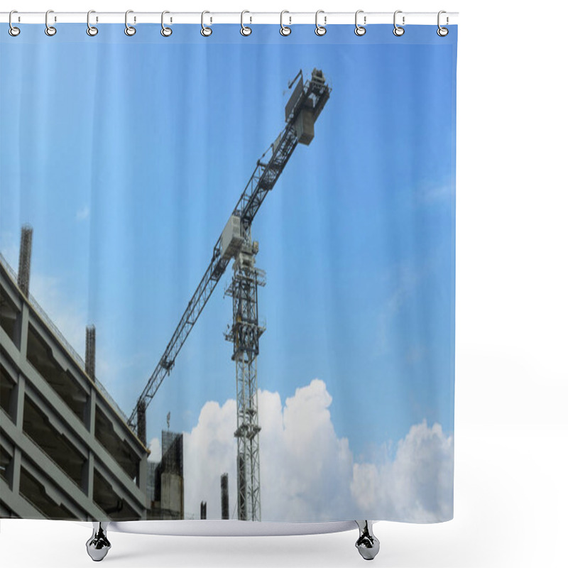 Personality  Crane On Building Construction Site With Blue Sky Background Shower Curtains