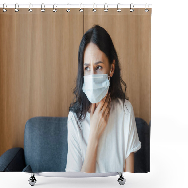 Personality  Ill Woman In Medical Mask Sitting At Home On Self Isolation Shower Curtains