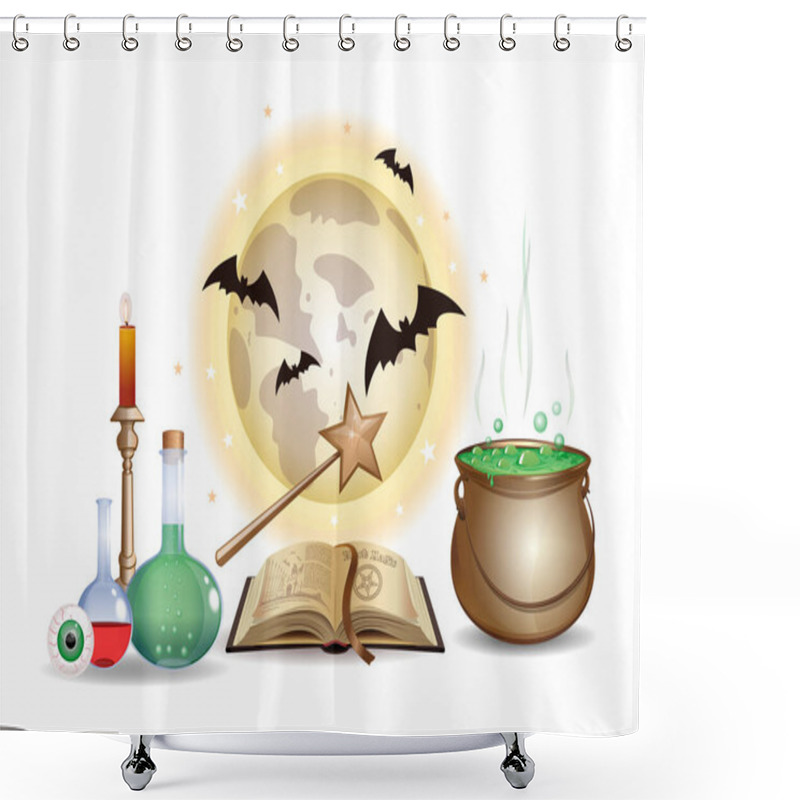 Personality  Magic Chemistry Objects Set. Wizard Laboratory With Open Book On Black Magic, Magic Wand, Magic Elixir, Eye, Witches Cauldron With A Potion, Burning Candle, Full Moon And Bats. Vector Illustration Shower Curtains