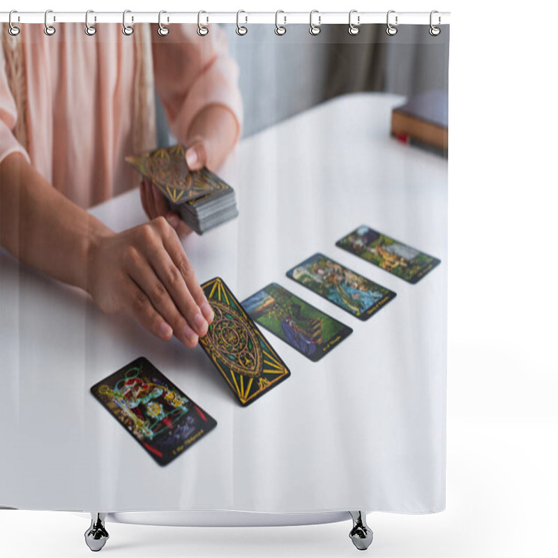 Personality  KYIV, UKRAINE - JUNE 29, 2022: Partial View Of Fortune Teller Laying Out Tarot Cards On Table Shower Curtains