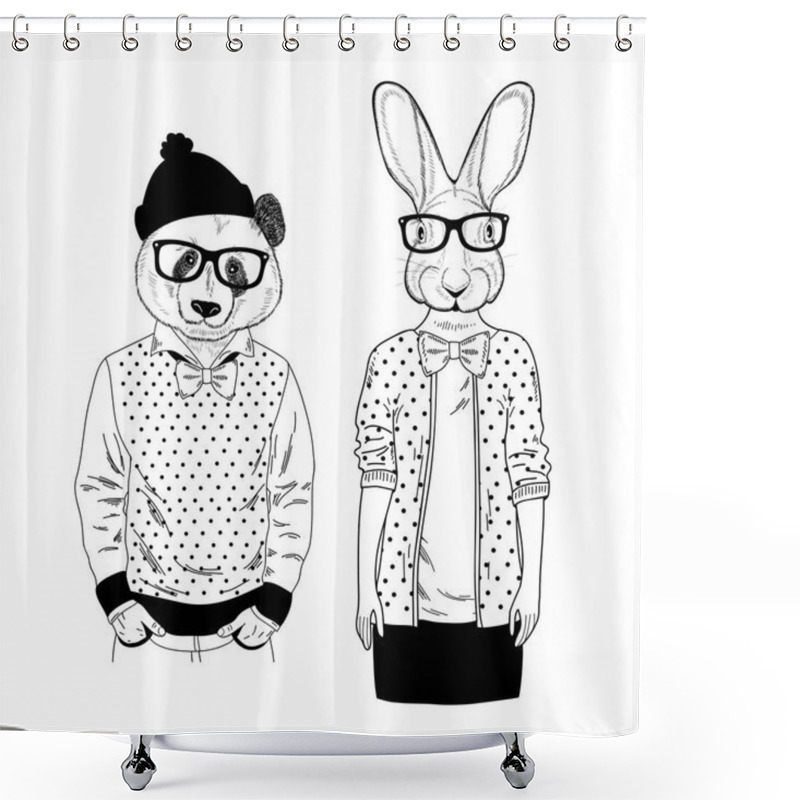 Personality  Couple Of Friendly Panda And Cute Rabbit Girl. Creative Set Of Hand Drawn Animals With Human Body. Vector Illustration For Coloring Book. Shower Curtains