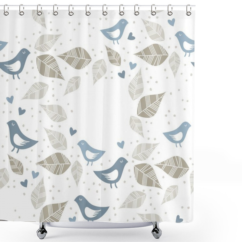 Personality  Little Blue Birds In Love With Hearts Dots And Leaves Wreath Seamless Pattern Isolated On White Shower Curtains