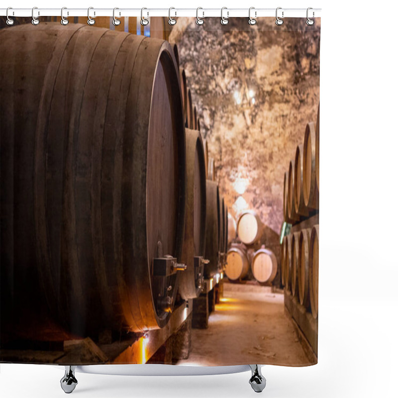 Personality  Medieval Underground Wine Cellars With Old Red Wine Barrels For Aging Of Vino Nobile Di Montepulciano In Old Town On Hill Montepulciano In Tuscany, Italy Shower Curtains